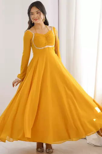 yellow georgette anarkali gown plus size