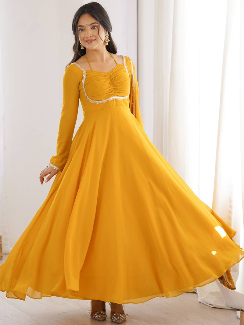 Precious Yellow Lace Work Georgette Haldi Wear Gown With Dupatta