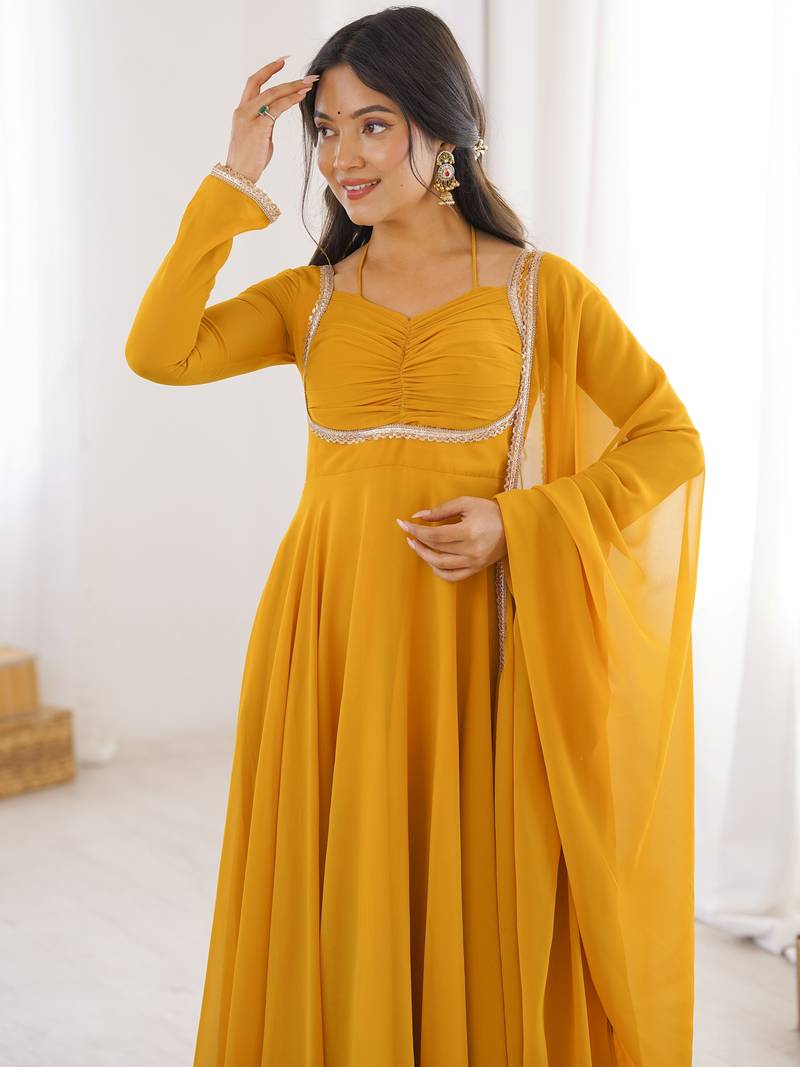Precious Yellow Lace Work Georgette Haldi Wear Gown With Dupatta