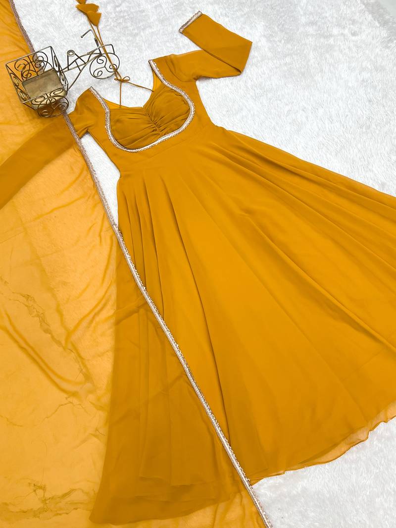 Precious Yellow Lace Work Georgette Haldi Wear Gown With Dupatta