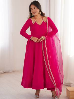 pink georgette anarkali gown plus size 1