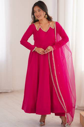 Fantastic Pink Lace Work Georgette Festival Wear Gown With Dupatta