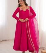 Fantastic Pink Lace Work Georgette Festival Wear Gown With Dupatta