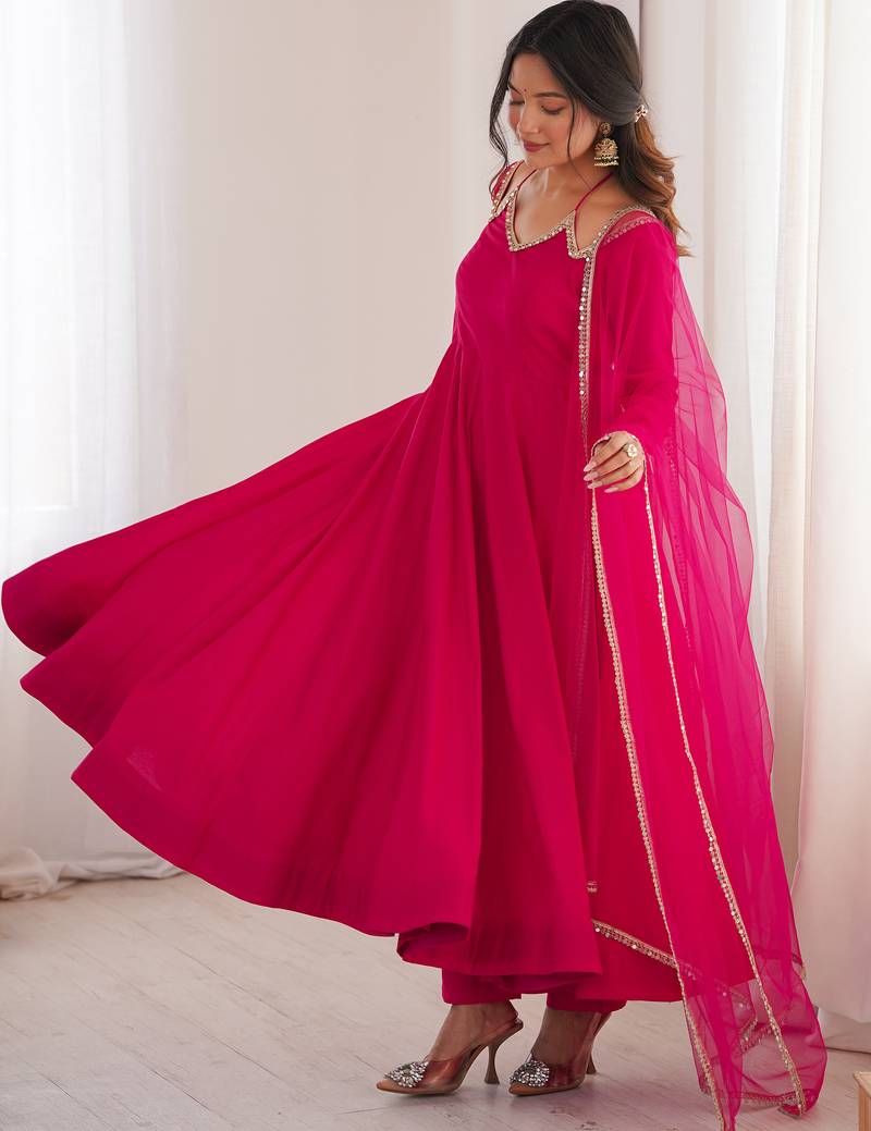 Fantastic Pink Lace Work Georgette Festival Wear Gown With Dupatta