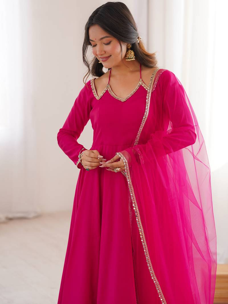 Fantastic Pink Lace Work Georgette Festival Wear Gown With Dupatta