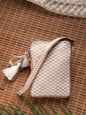 Anekaant earth edit beige jacquard geometric mini sling bag 1