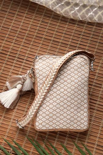 Anekaant earth edit beige jacquard geometric mini sling bag