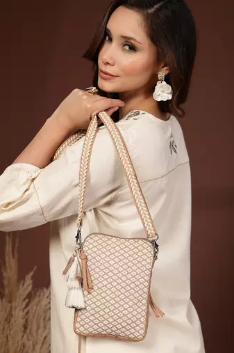 Anekaant earth edit beige jacquard geometric mini sling bag