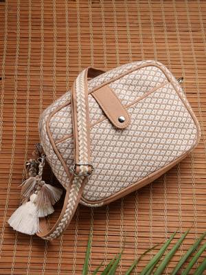 Anekaant earth edit beige jacquard geometric sling bag 1