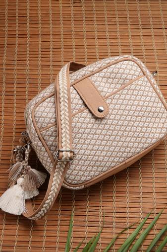 Anekaant earth edit beige jacquard geometric sling bag