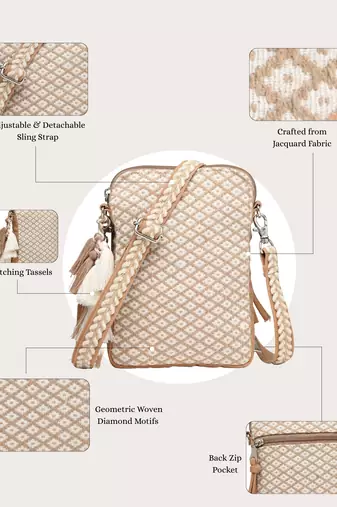 Anekaant earth edit beige jacquard geometric mini sling bag