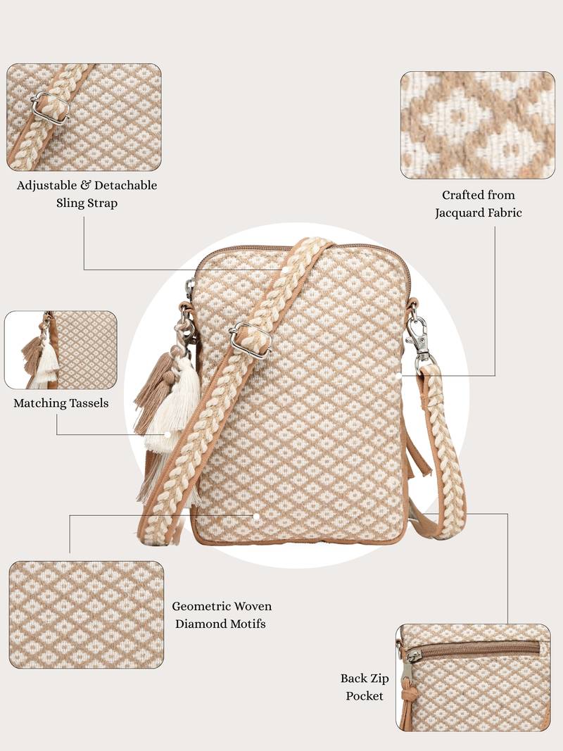 Anekaant earth edit beige jacquard geometric mini sling bag