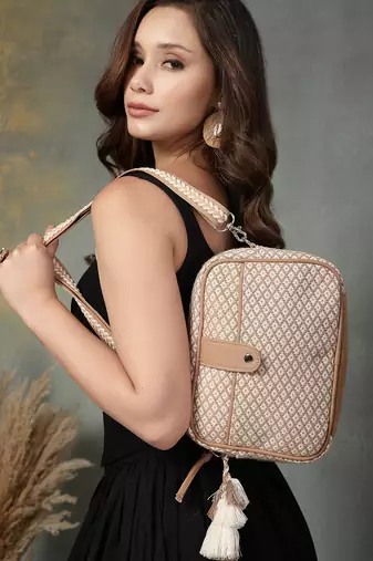 Anekaant earth edit beige jacquard geometric sling bag