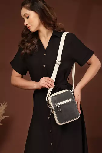 Anekaant timber  &  thread off white cotton solid sling bag