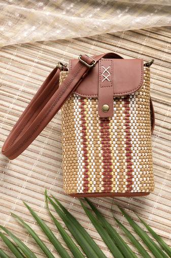 Anekaant earth knots tan jute striped mini sling bag