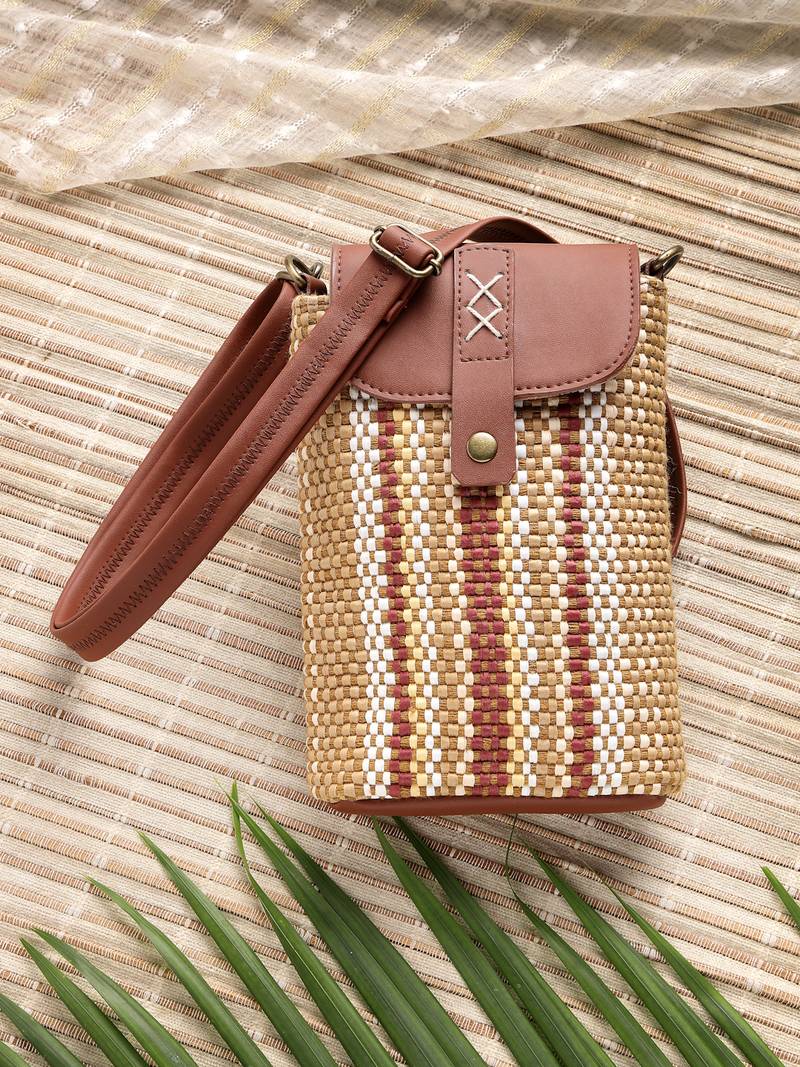 Anekaant earth knots tan jute striped mini sling bag