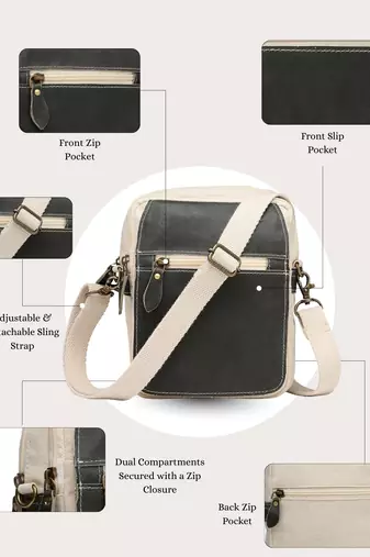 Anekaant timber  &  thread off white cotton solid sling bag