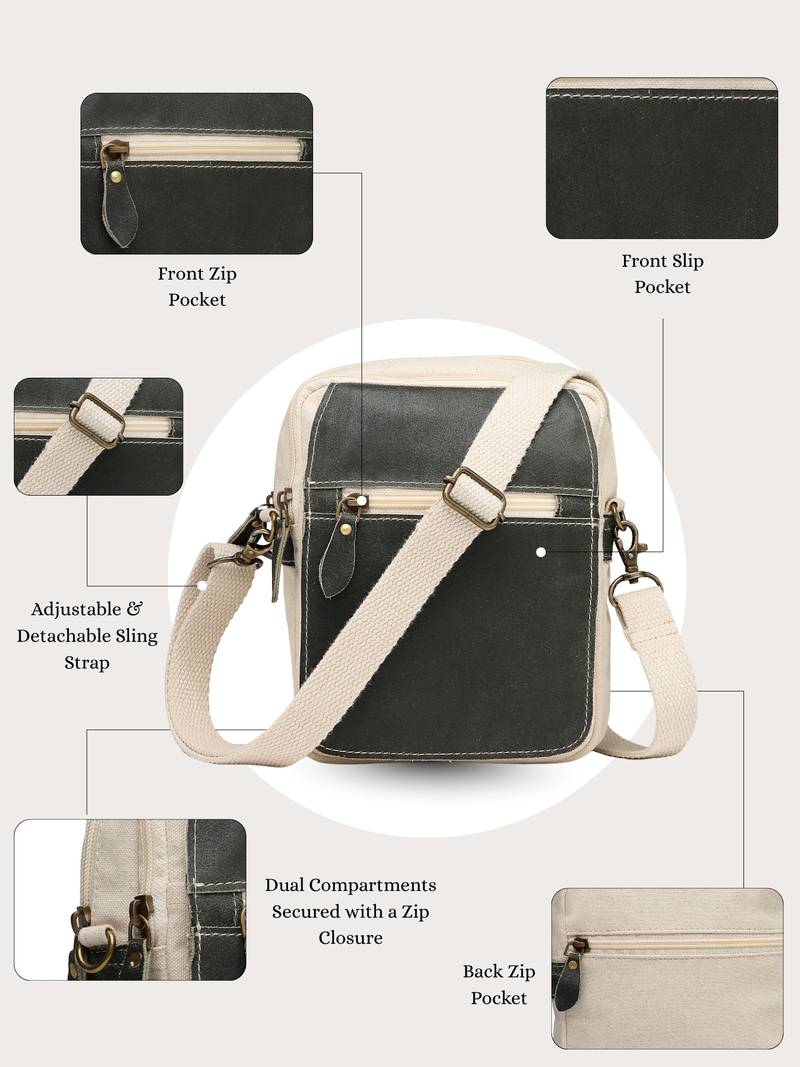 Anekaant timber & thread off white cotton solid sling bag