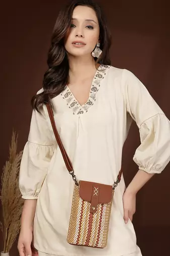 Anekaant earth knots tan jute striped mini sling bag