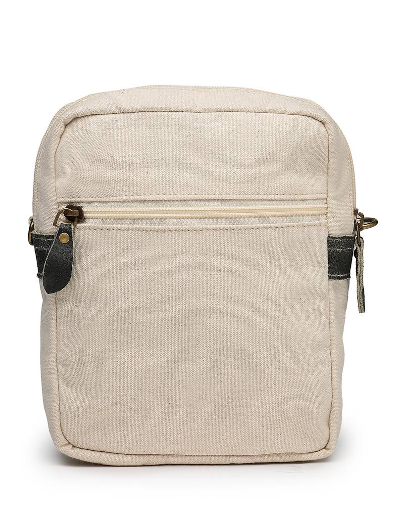 Anekaant timber & thread off white cotton solid sling bag
