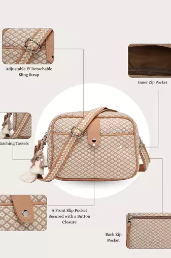 Anekaant earth edit beige jacquard geometric sling bag