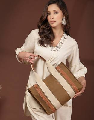 Anekaant sutra soil olive green canvas colorblocked handheld bag 3