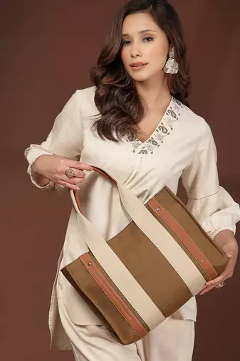 Anekaant sutra soil olive green canvas colorblocked handheld bag