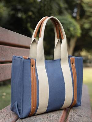 Anekaant sutra soil navy blue canvas colorblocked handheld bag 1
