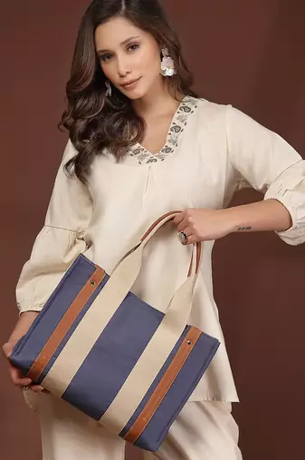 Anekaant sutra soil navy blue canvas colorblocked handheld bag