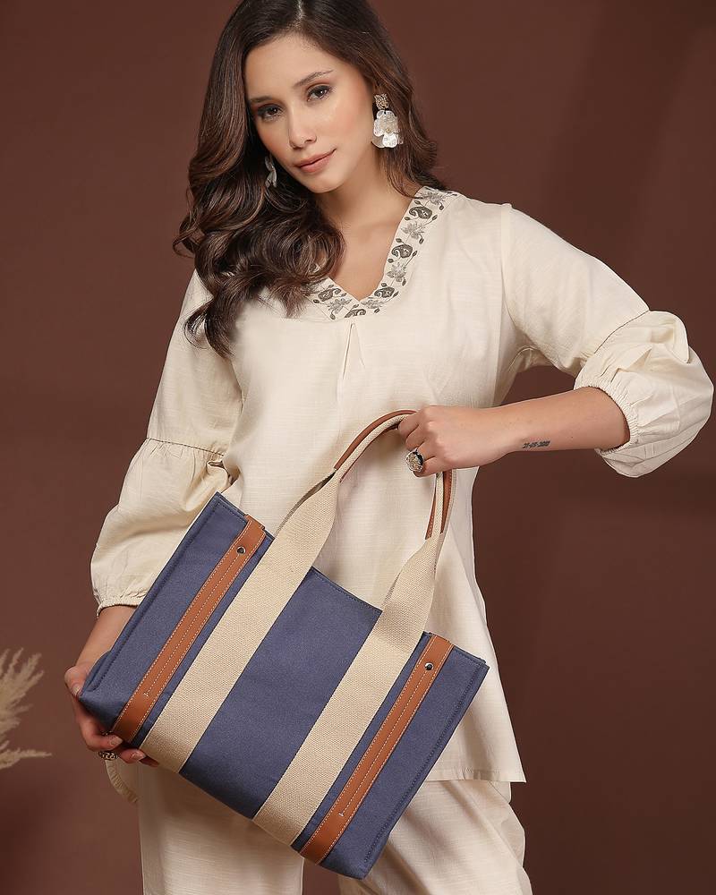 Anekaant sutra soil navy blue canvas colorblocked handheld bag