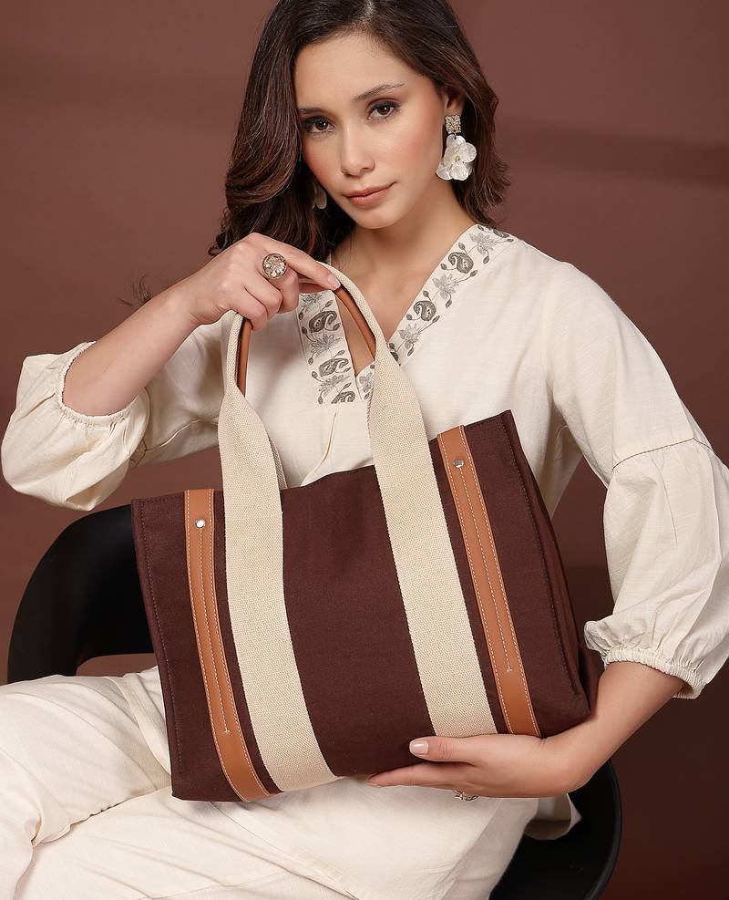 Anekaant sutra soil coffee brown canvas colorblocked handheld bag