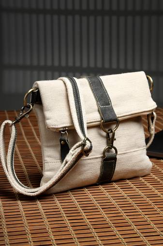 Anekaant timber & thread off white jute solid sling bag