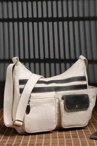 Anekaant timber & thread off white cotton multipocket sling bag