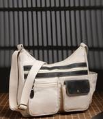 Anekaant timber & thread off white cotton multipocket sling bag