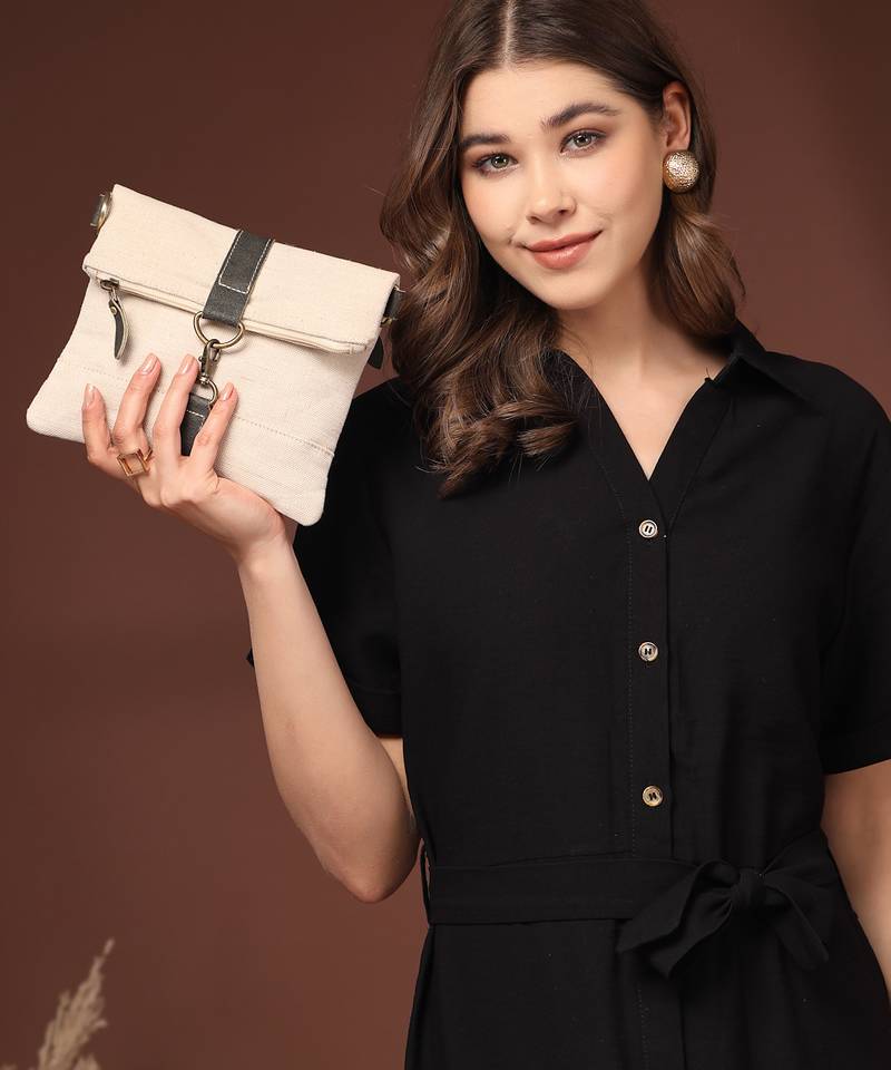 Anekaant timber & thread off white jute solid sling bag