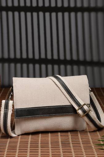 Anekaant timber & thread off white jute solid sling bag