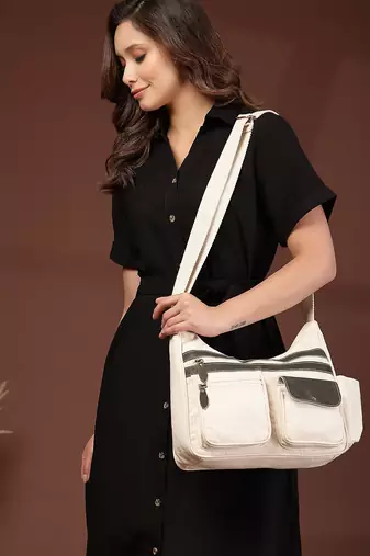 Anekaant timber  &  thread off white cotton multipocket sling bag