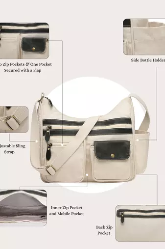Anekaant timber  &  thread off white cotton multipocket sling bag