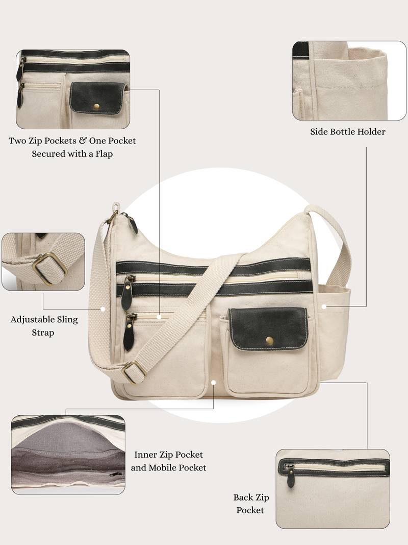 Anekaant timber & thread off white cotton multipocket sling bag