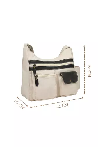Anekaant timber  &  thread off white cotton multipocket sling bag
