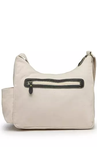 Anekaant timber  &  thread off white cotton multipocket sling bag
