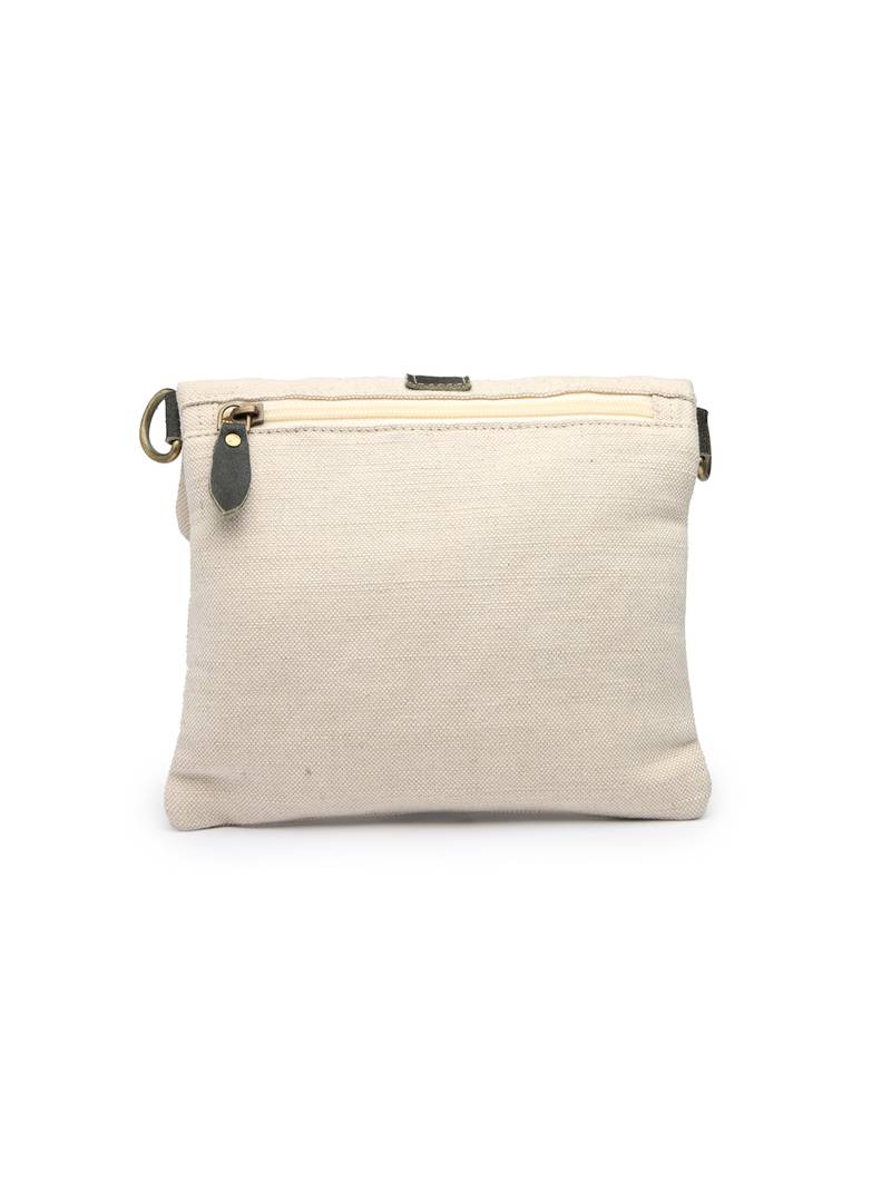 Anekaant timber & thread off white jute solid sling bag