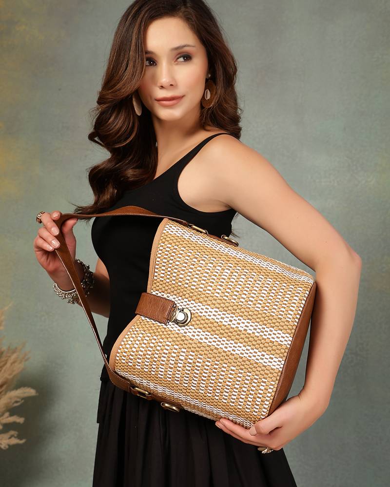 Anekaant earth knots brown jute striped handheld bag