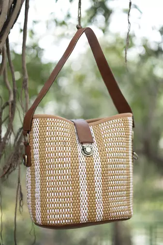 Anekaant earth knots brown jute striped handheld bag