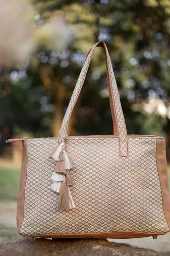 Anekaant earth edit beige jacquard geometric tote bag
