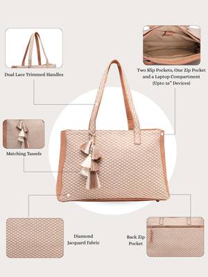 Anekaant earth edit beige jacquard geometric tote bag 4