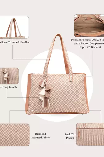 Anekaant earth edit beige jacquard geometric tote bag