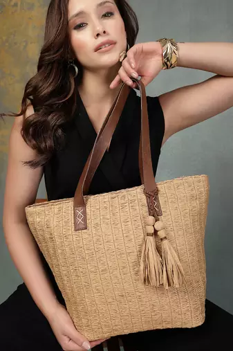 Anekaant earth knots beige jute woven design tote bag