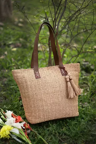 Anekaant earth knots beige jute woven design tote bag