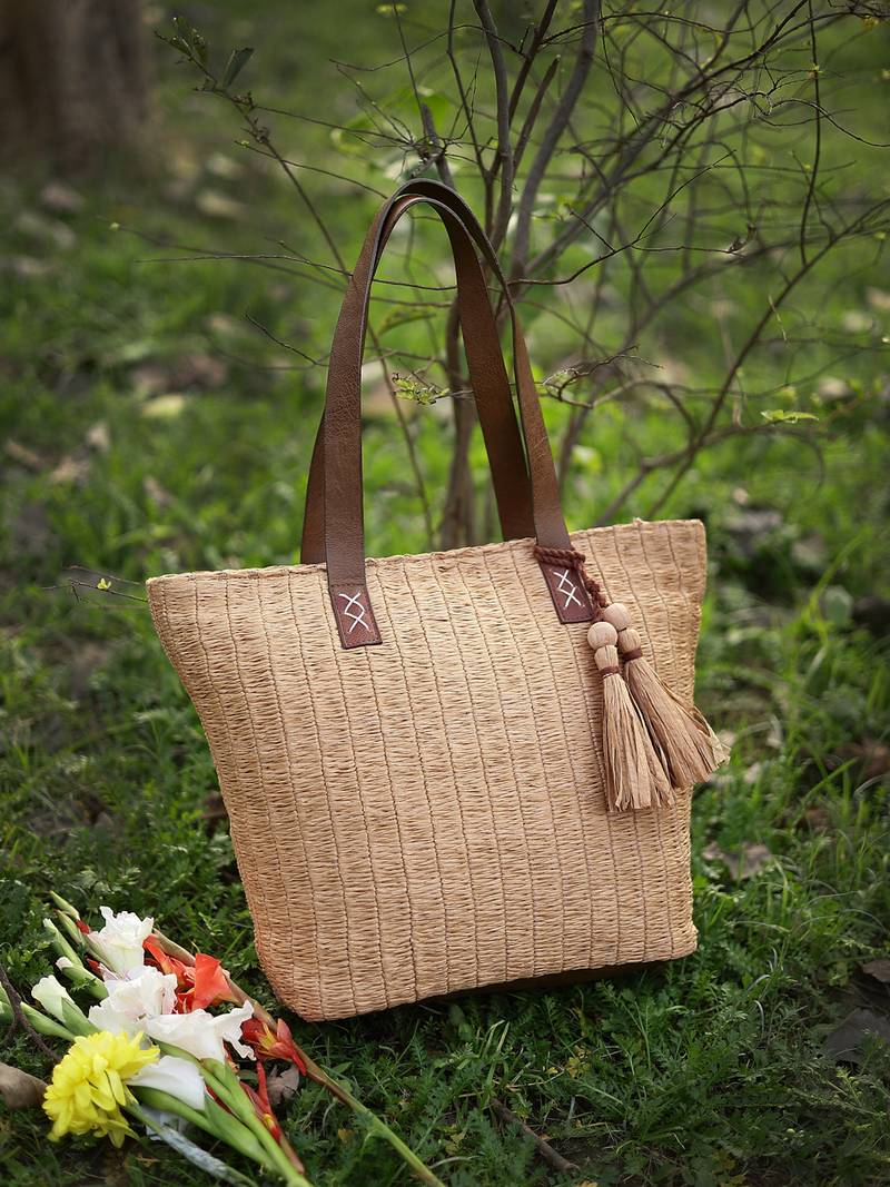 Anekaant earth knots beige jute woven design tote bag